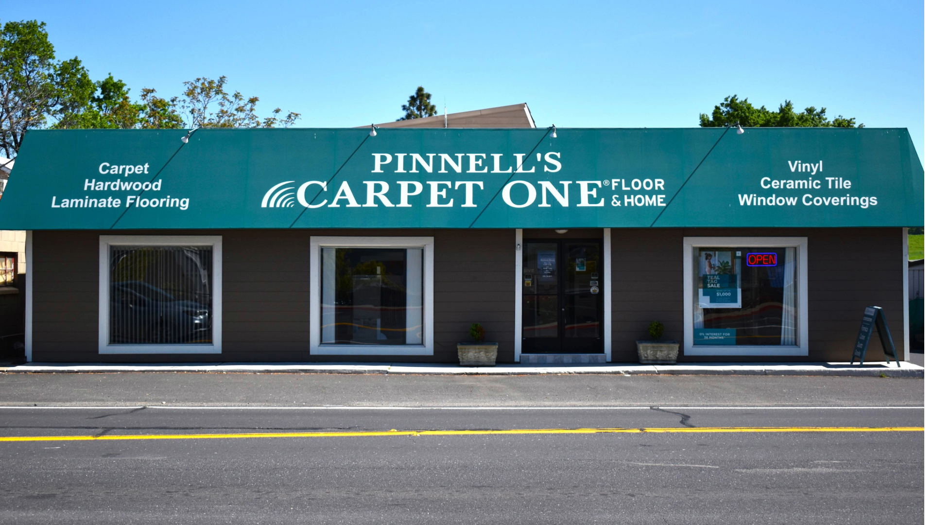 Pinnell's Carpet One, A local flooring Store in Angel's Camp Storefront is seen from the road.